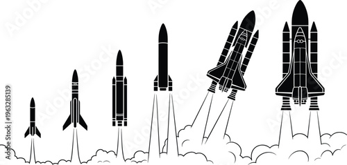Silhouette progression of rockets and space shuttles launching with plumes of smoke and clouds liftoff