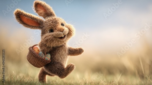 Easter bunny carrying basket with eggs
