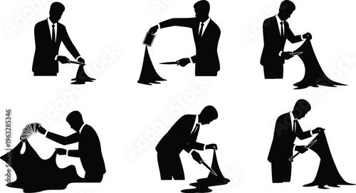 Set of professional tailor silhouettes including fashion designer measuring and cutting fabric isolated on white background for bespoke clothing and garment industry design