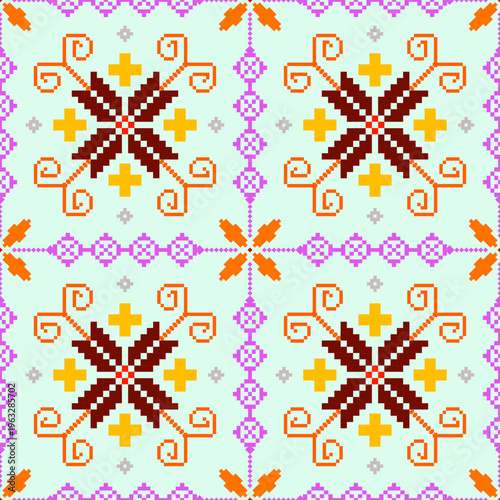 Ethnic embroidery style seamless pattern with colorful geometric shapes and swirls 