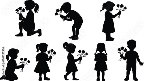 Children holding flowers silhouette illustration, boys and girls in playful poses with bouquets, innocence nature kindness theme, vector art, black isolated bold design