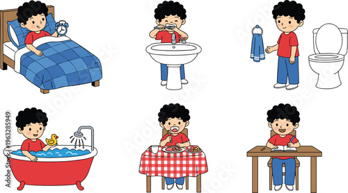 Child daily routine, waking up, brushing teeth, bathroom use, taking bath, eating meal, studying, hygiene habits, lifestyle illustration, childhood activities