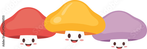 Three smiling faces with colorful mushroom hats on heads in a row