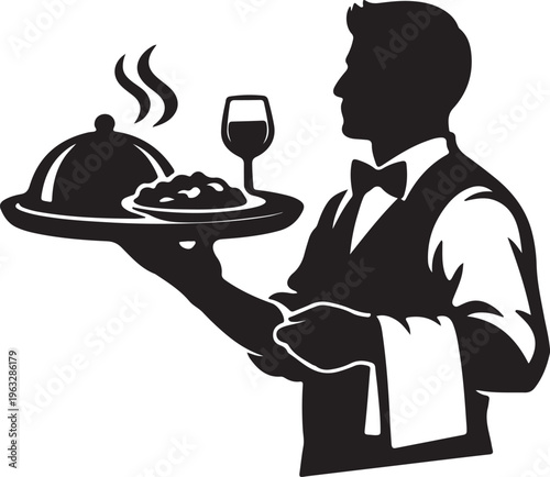 A professional waiter presenting a hot meal and wine glass