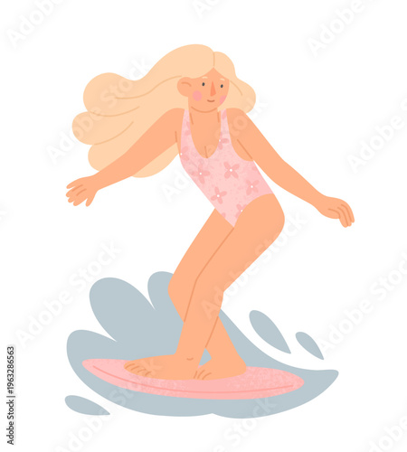 Beautiful woman on the surf board. Cute vector illustration in cartoon style on white background. Surfer girl in pink swimming suit stands on the board. Summer vibes