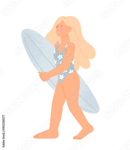 Beautiful woman with the surf board. Cute vector illustration in cartoon style on white background. Surfer girl in blue swimming suit carrying the board. Summer vibes