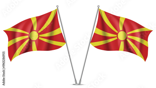Realistic Double North Macedonia Flag Mockup with Wavy Fabric Effect