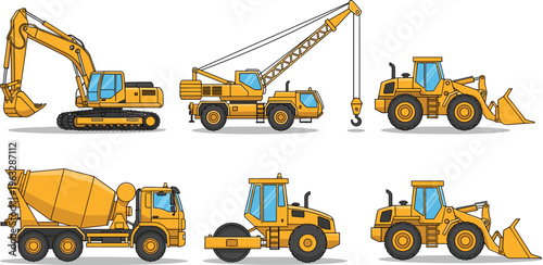 Excavator, mobile crane, front loader, concrete mixer, road roller, construction vehicles, heavy machinery, civil engineering, industrial equipment, building site, earth mover