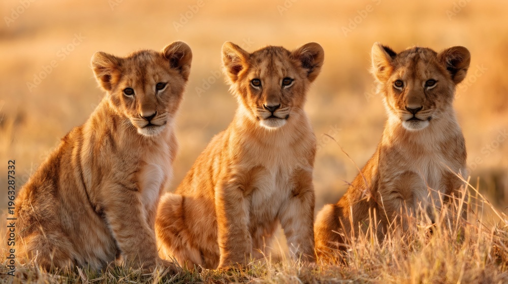 Obraz premium Three lion cubs sitting in morning light