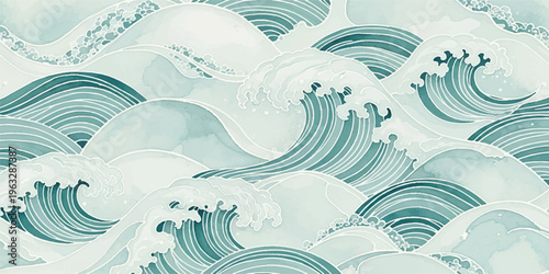 A seamless watercolor pattern featuring stylized Japanese Seigaiha waves in serene shades of teal, blue-green, and white, creating a calm oceanic design.