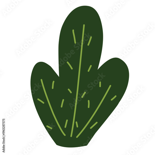 A sing dark green stylised leaf vector with a unique three-lobed shape, similar to a cactus pad, featuring a central vein. Minimalist botanical icon isolated on white for modern web and graphic design