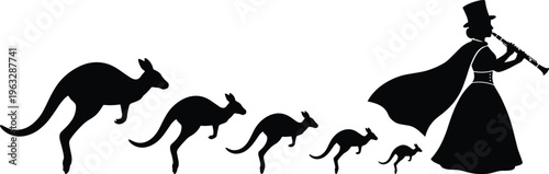 Silhouette of a Victorian woman in a top hat playing the clarinet while leading a group of five jumping kangaroos
