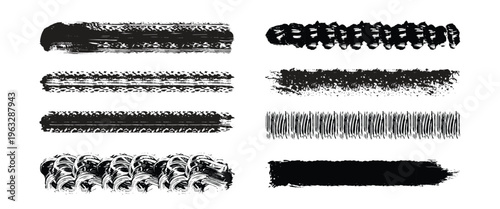 Various artistic paint brush strokes and textured line borders for graphic design and illustration.