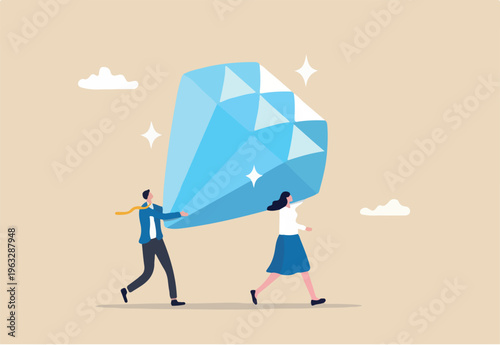 Core value or value proposition, CLV customer lifetime value or company valuation, profit or corporate worth concept, business people employees help carry big valuable diamond.