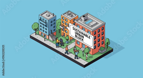 Isometric Sustainable Urban Block with Modern Buildings and Green Spaces.