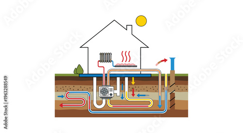 A flat vector diagram illustrates a geothermal heating system with underground pipes circulating fluids, connecting to a house with radiators and a heat pump.