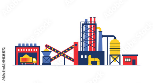 A flat vector illustration showcases a biomass processing plant with multiple industrial buildings, including a red truck and conveyor belts.