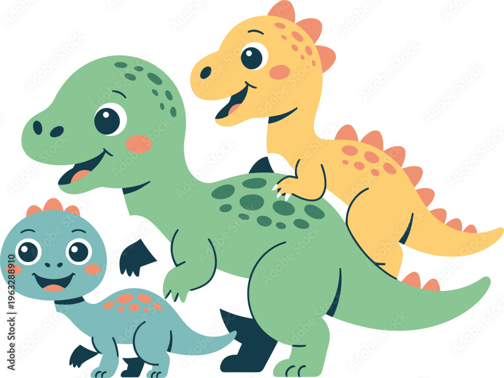 Fototapeta premium Three cartoon dinosaurs family with green big blue small and yellow smiling