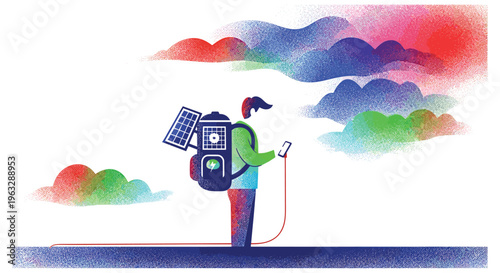 A grainy illustration depicts a person in profile wearing a solar panel backpack and charging a smartphone, set against a backdrop of colorful, textured clouds.