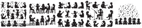 vector of little boy playing music in silhouette style