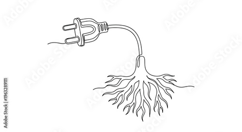 A minimalist continuous line art illustration showcases a two-pronged power plug seamlessly transforming into a complex network of tree roots on a pristine white background.