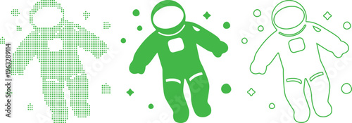 Three astronaut icons in different styles and colors on a white background Keywords: astronaut, space, cosmonaut