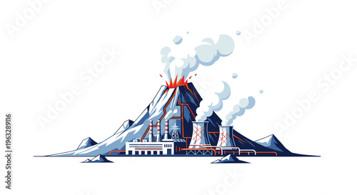 An angular stylized illustration depicts a geothermal power plant with multiple cooling towers emitting white steam, located at the base of an erupting volcano.