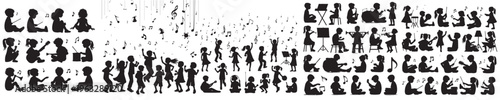 vector of little boy playing music in silhouette style