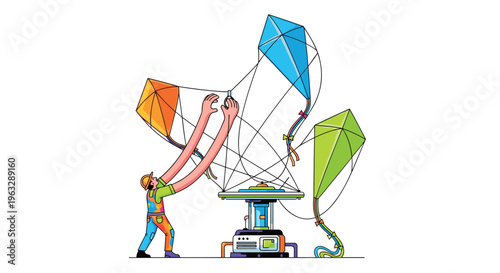A cartoon technician with exaggerated long arms connects strings to three colorful kites hovering above a complex, multi-layered machine on a white background.
