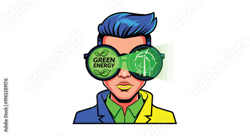 A trendy character with blue hair and yellow lips wears large circular glasses, with one lens displaying GREEN ENERGY and the other showing a digital projection of wind turbines.