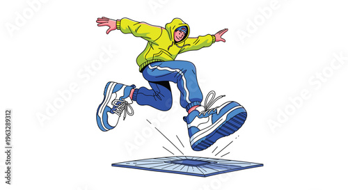 A youthful character wearing a yellow hoodie and blue track pants is dynamically captured mid-air, jumping onto a square kinetic energy tile that emits a subtle blue glow.
