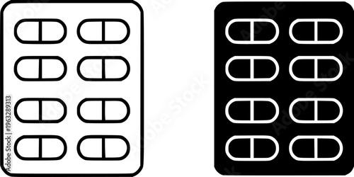 Medical Pills Blister Pack Icon Set - Capsule and Tablet Medicine Vector Illustration (Outline & Solid Styles)