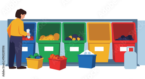 Person actively sorting waste into colorful recycling bins for environmental sustainability.