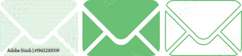 Three Green Envelope Icons In Different Styles On White Background Keywords: envelope icon, email symbol, mail icon