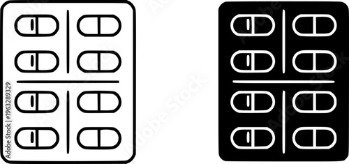 Medical Pills Blister Pack Icon Set - Capsule and Tablet Medicine Vector Illustration (Outline & Solid Styles)