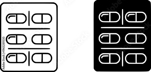 Medical Pills Blister Pack Icon Set - Capsule and Tablet Medicine Vector Illustration (Outline & Solid Styles)