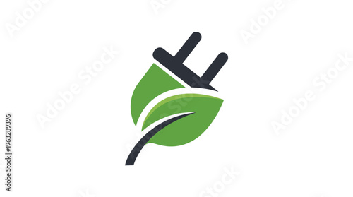 A dark grey electric vehicle plug with two prongs is seamlessly integrated into a vibrant green leaf, which features a prominent vein structure, creating a unified symbol.