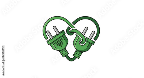 Two distinct green electrical plugs are intricately connected to form a symmetrical heart shape with visible prongs and cables against a clean off-white background.