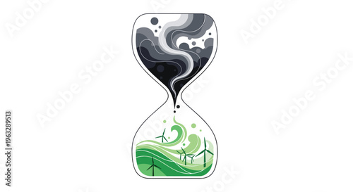 A stylized hourglass vertically displays dark swirling coal smoke in its upper bulb and a vibrant green landscape with three wind turbines in its lower bulb.