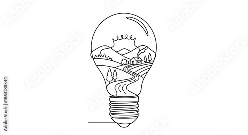 A continuous line drawing illustrates a lightbulb encompassing a serene landscape with hills, a winding road, a house, and trees against a pristine white background.