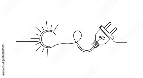 A continuous single black line forms a stylized sun with radiating rays on the left, seamlessly extending to create an electric plug on the right.