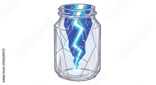 A vivid blue lightning bolt is dramatically contained within a transparent glass jar exhibiting visible cracks on its surface against a plain white background.