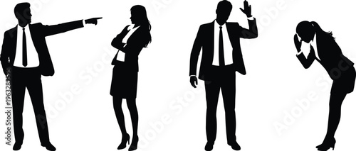 Business people silhouette collection office interaction communication conflict teamwork corporate professionals poses black white illustration set modern design people silhouette collection office 