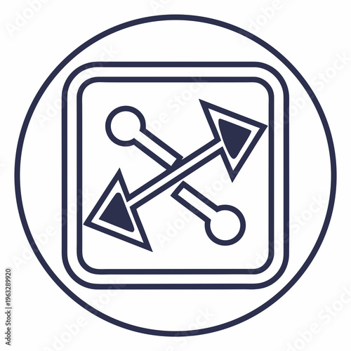 Two opposing arrows with circular ends crossing each other in a contained square shape inside circular frame symbol for conflict opposition or exchange