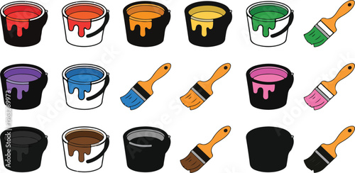 Colorful paint cans and paint brushes vector illustration set, art supplies collection for creative painting, design and decoration concept
