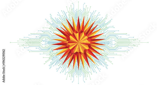A vibrant, geometric red and orange sunburst design radiates into intricate blue and green circuit board lines on a textured white background.