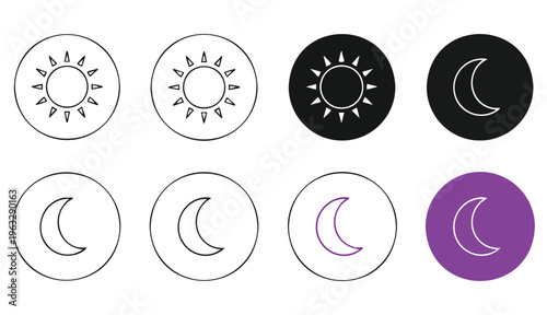 Sun and moon icon. Day and night mode adjustment buttons vector illustration. Brightness and dark mode toggle symbol. User interface and settings sign 
