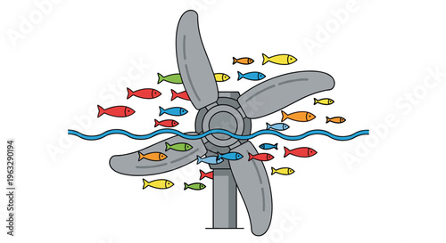 A cartoon-style illustration shows a three-bladed gray tidal turbine submerged in blue water with many colorful fish swimming around it.