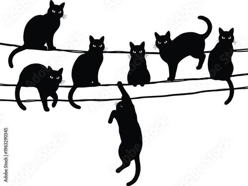 Playful black cat silhouettes sitting and climbing on wire, cute kitten group composition, animal behavior concept, minimal design, isolated vector illustration on white background