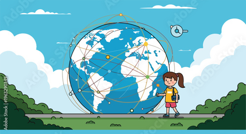 Young girl exploring global connections and world map.